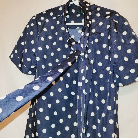 J. Crew blue polka-dot retro tie neck top Size 2 Preppy Officecore Classic - Picture 5 of 6